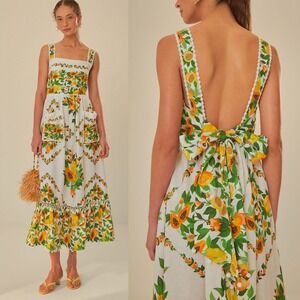 FARM Rio Linen Blend Papaya Salad Tiered Tie Back Midi Summer Dress Off-White XS